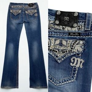 Miss Me Blue Embellished + Distressed Low Rise Boot Cut Jeans